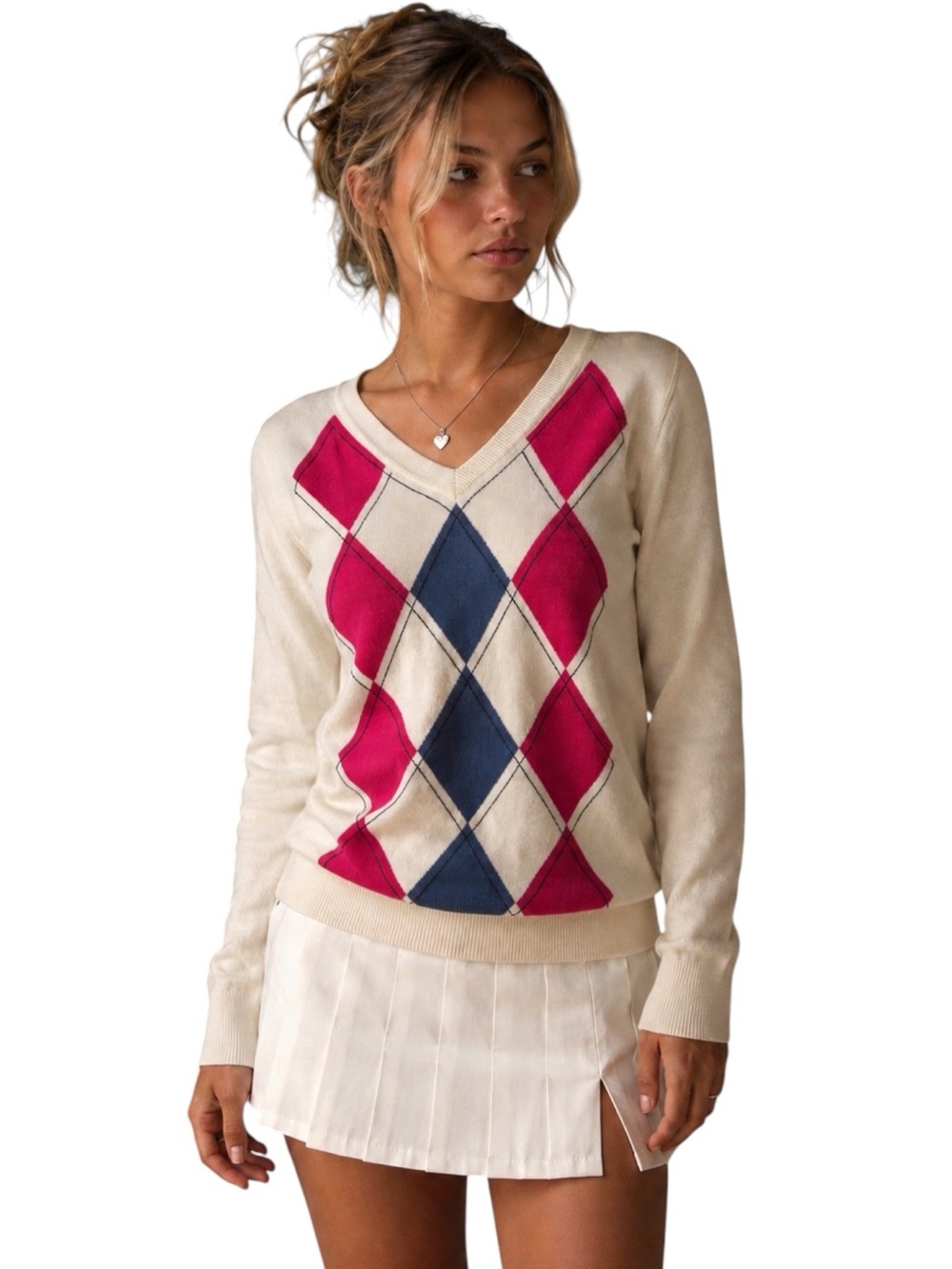 Liz Claiborne Argyle V-Neck Sweater Pink Blue Cream Cotton Preppy M